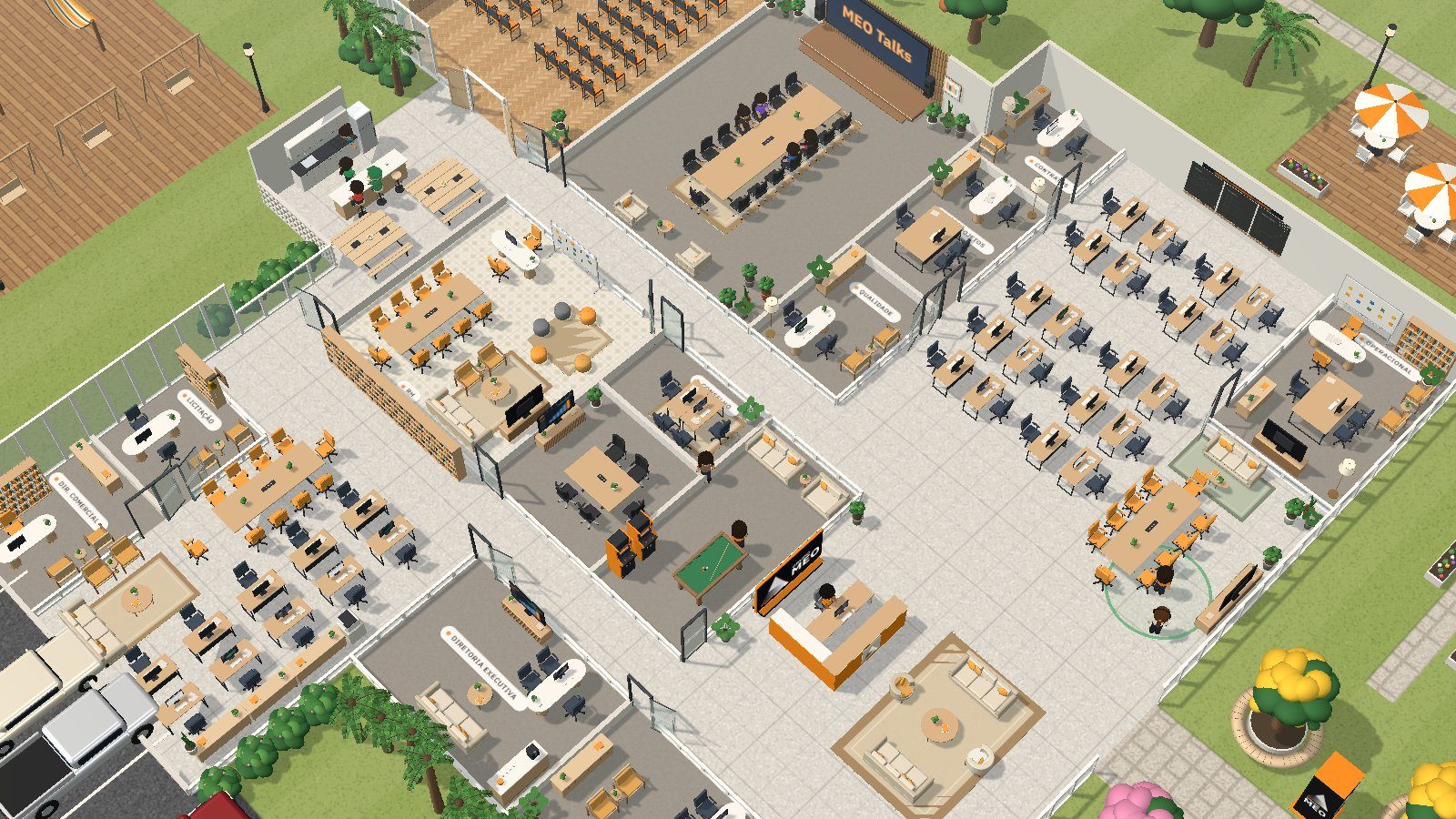 Vista de cima do Escritório Virtual Inteligente: mesas, salas de reunião, auditório, copa e jardins